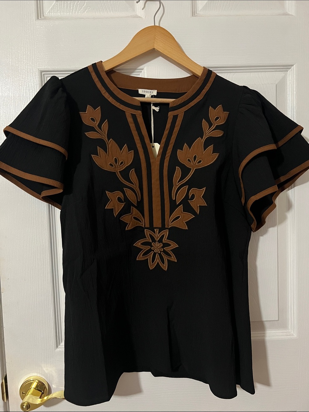 NWT Jodifl Blouse Top Shirt Size Large Black Ruffle Flutter Sleeves